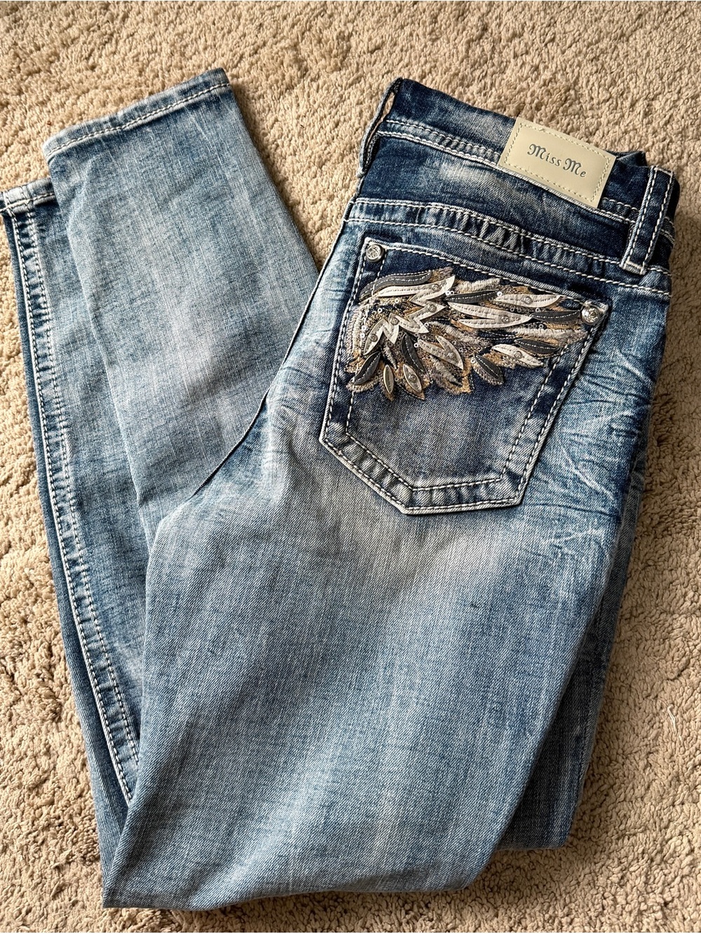 Womens Miss Me Jeans Size 29 Skinny Embellished Y2K Rhinestone Angel blue - Picture 6 of 10